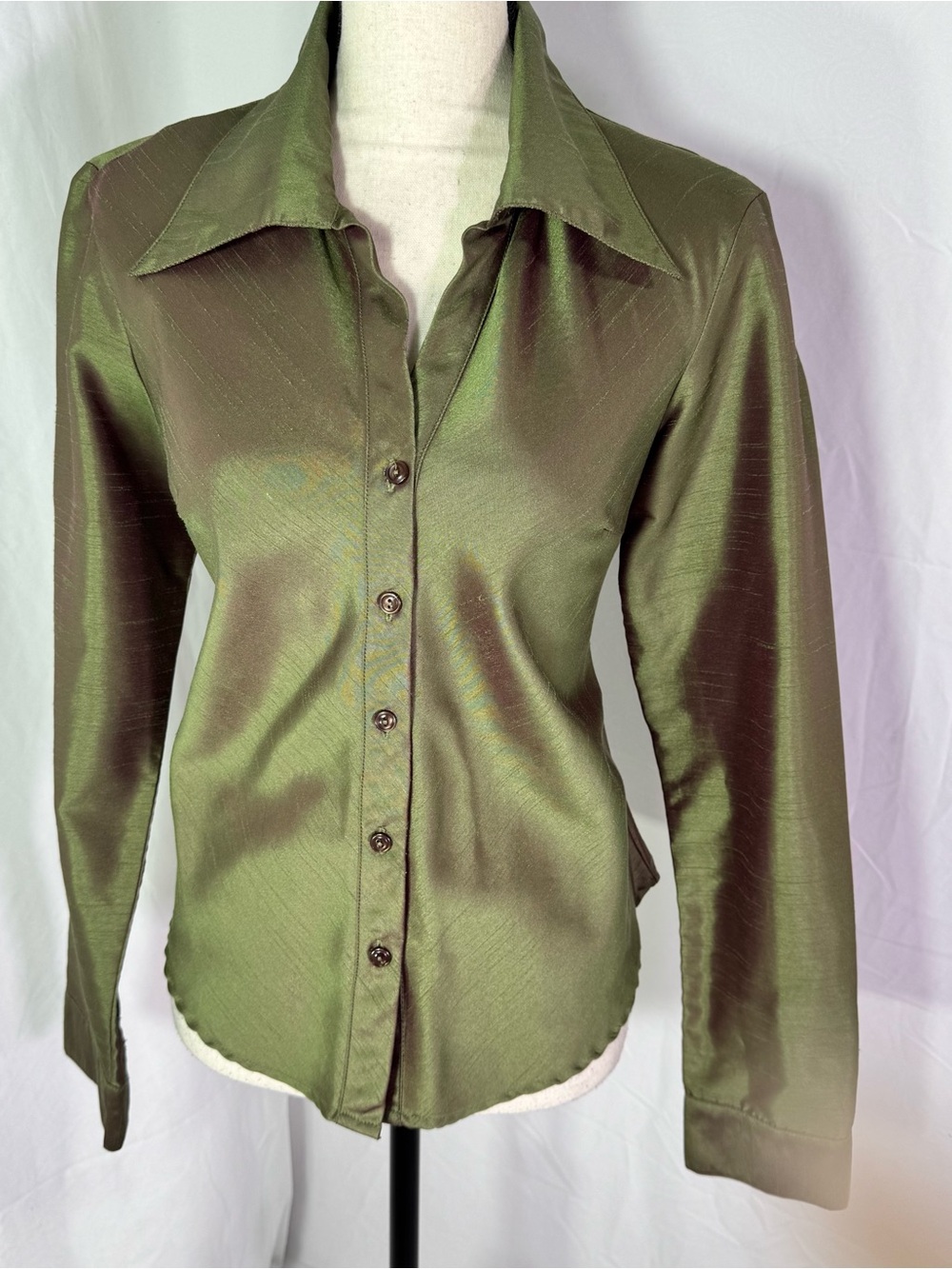 Selene Sport Olive Shimmer Button Down Blouse Y2K Satin Chic Size M